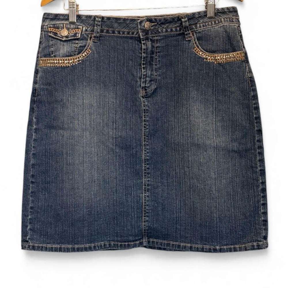 VSH Stretch Denim Jean Skirt Womens 12 Mid Rise Medium Wash Embroidered Pockets